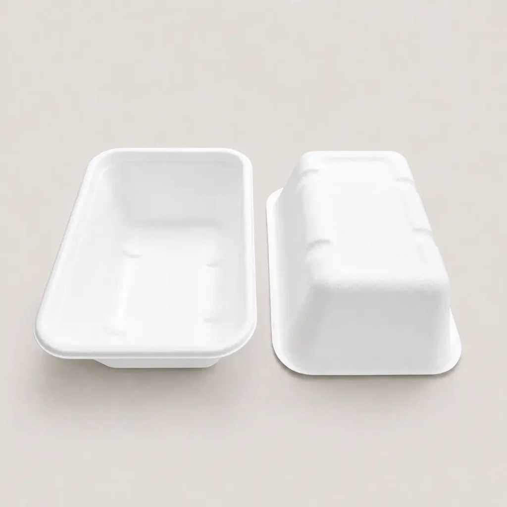 Front and back views of 750ml molded pulp rectangular food container