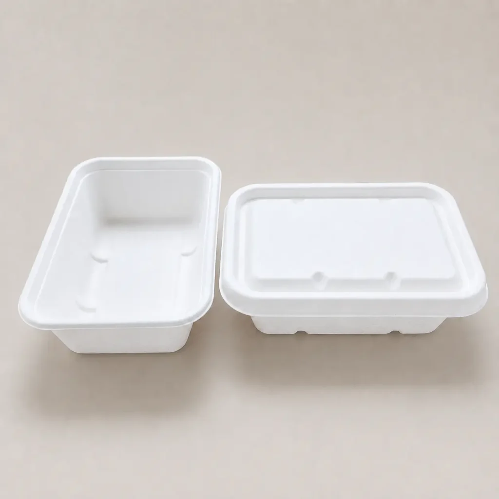 650ml molded pulp rectangular food container shown without lid and with matching lid