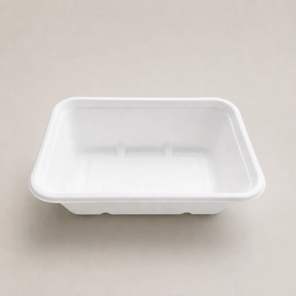 Open front view of 650ml molded pulp rectangular food container