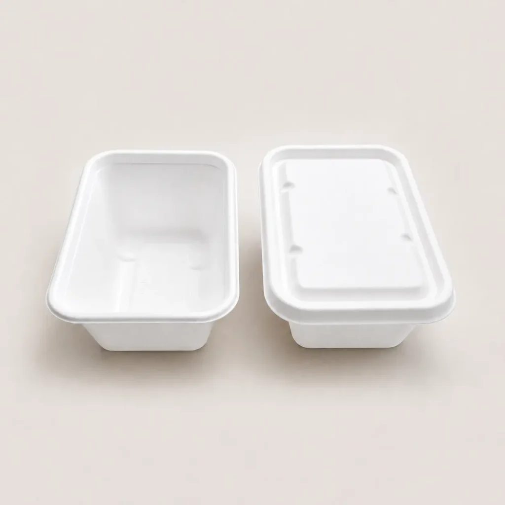 1000ml molded pulp rectangular food container shown without lid and with matching lid