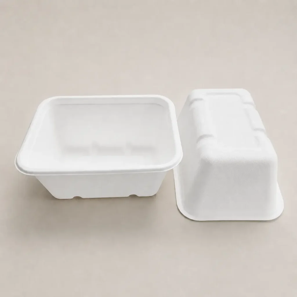 Front and back views of 1000ml molded pulp rectangular food container