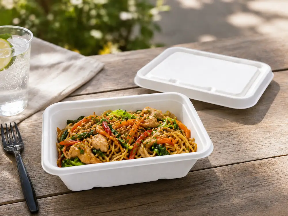 750ml molded pulp rectangular food container holding noodles, chicken, and vegetables with a separate matching lid