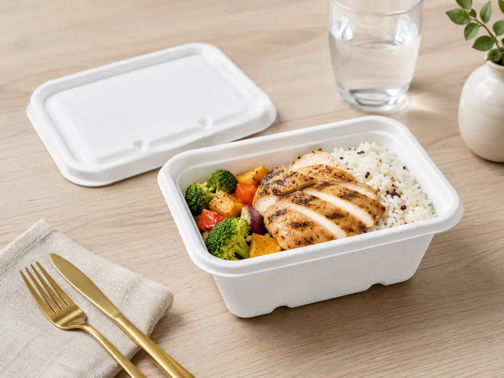 1000ml molded pulp rectangular food container holding grilled chicken, rice, broccoli, and roasted vegetables