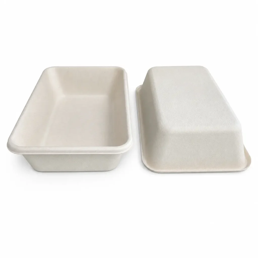 Front and back views of 1200ml molded pulp rectangular food container