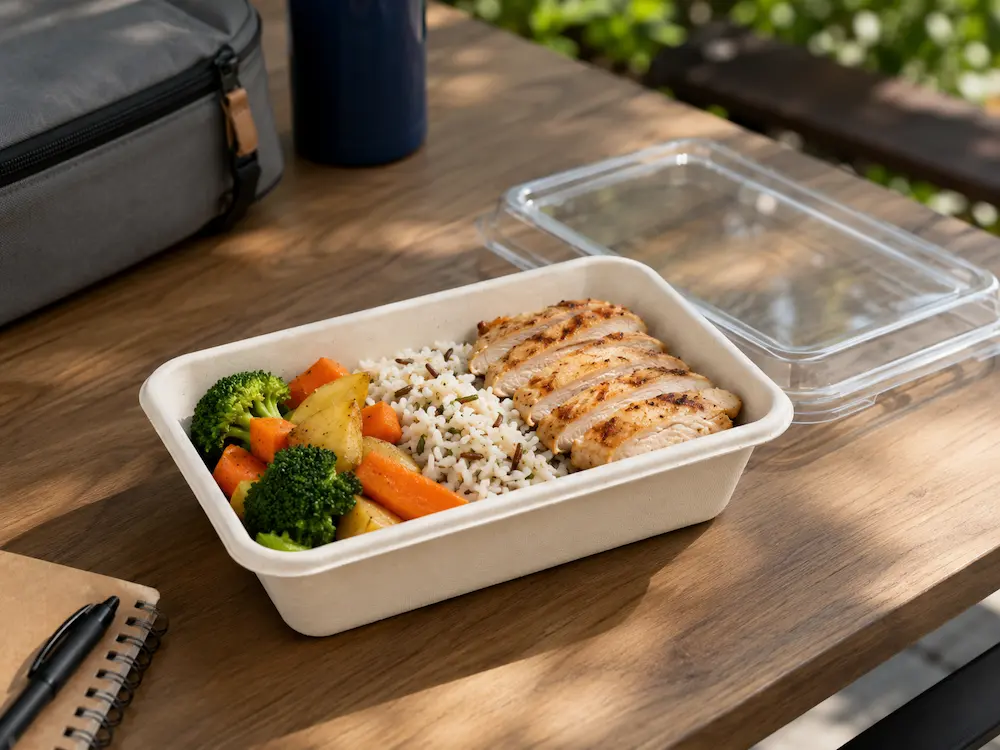 1200ml molded pulp rectangular food container holding grilled chicken, rice, broccoli, carrots, and vegetables with a transparent lid