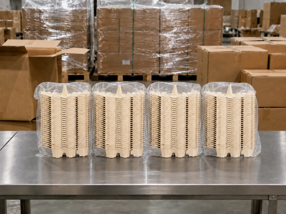 Four transparent PE-bagged stacks of natural-color 15-Count Molded Pulp Egg Cartons on a stainless steel factory packing table
