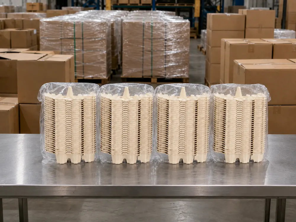 Four transparent PE-bagged stacks of natural-color 10-Count Molded Pulp Egg Cartons on a stainless steel factory packing table