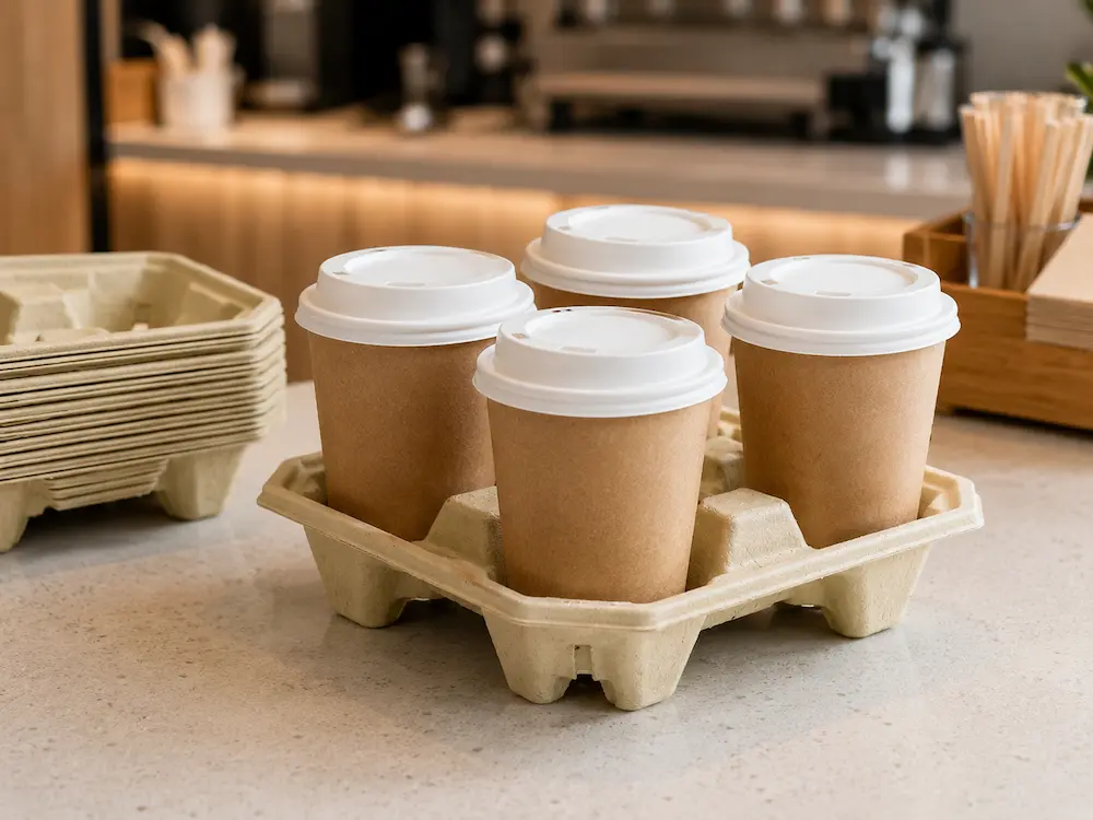 Premium one-piece 4-cup molded pulp drink carrier used for takeaway coffee cups