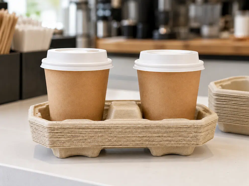 Premium one-piece 2-cup molded pulp drink carrier used for takeaway coffee cups