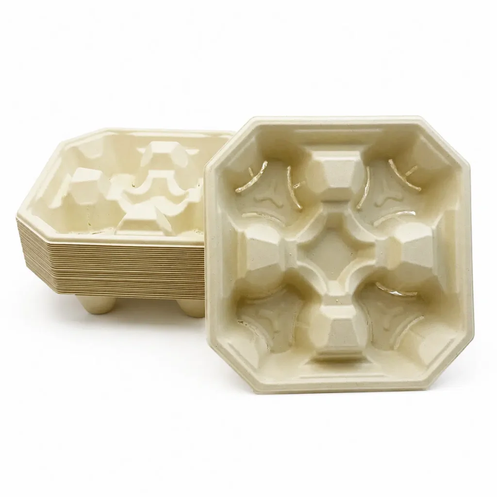 Premium one-piece 4-cup molded pulp drink carrier stack