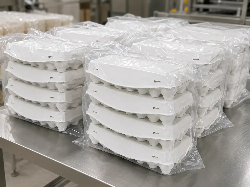 stacked white 12-count molded pulp egg cartons packed in thickened transparent PE bags