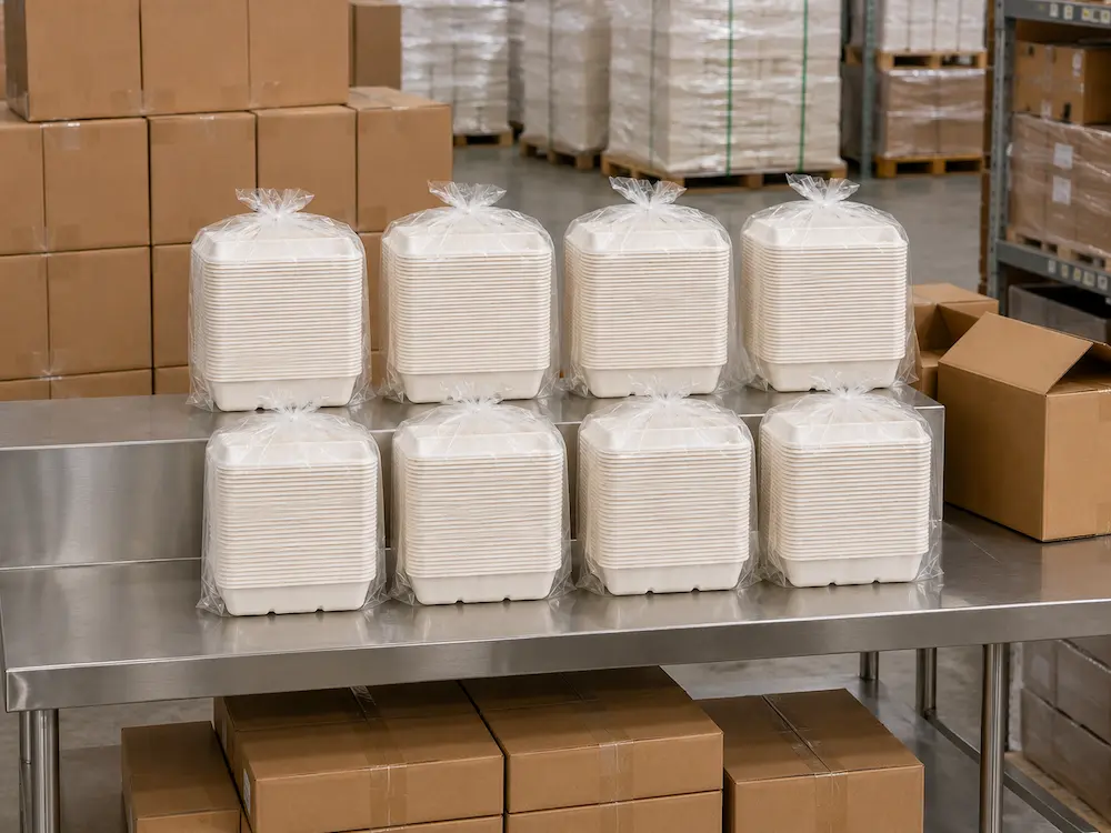 550ml molded pulp rectangular food containers packed in transparent PE bags for factory export shipment