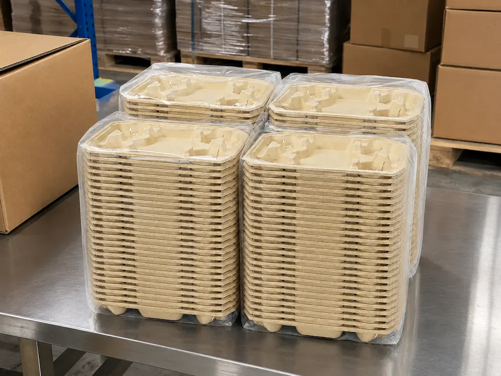 Four PE-bagged stacks of 4-Cup Molded Pulp Cup Carriers with Food Trays arranged on a stainless steel factory packing table