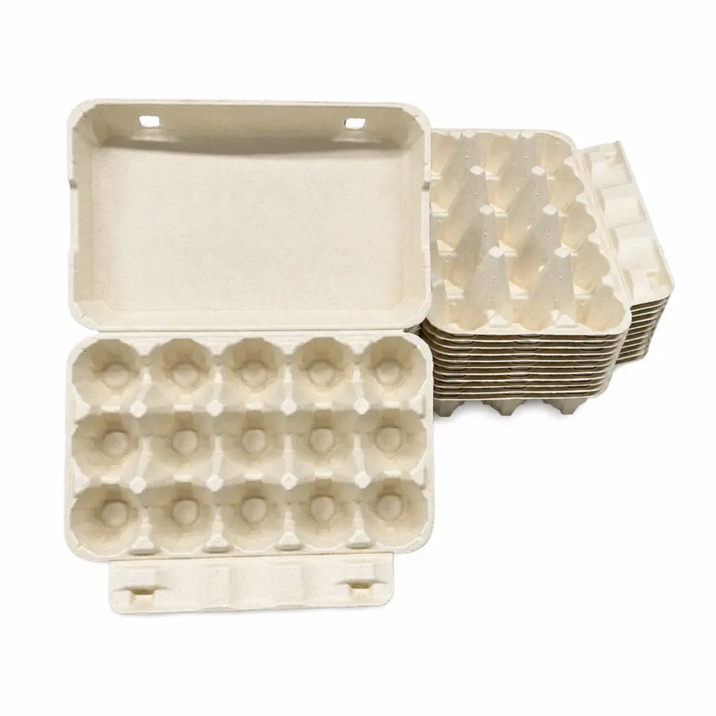 Open 15-count molded pulp egg carton with stacked cartons behind