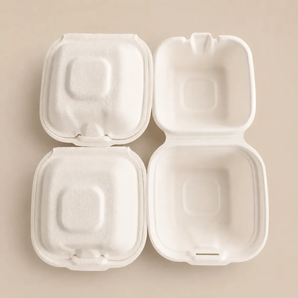 Open and closed view of 5-inch molded pulp burger box in molded pulp fiber