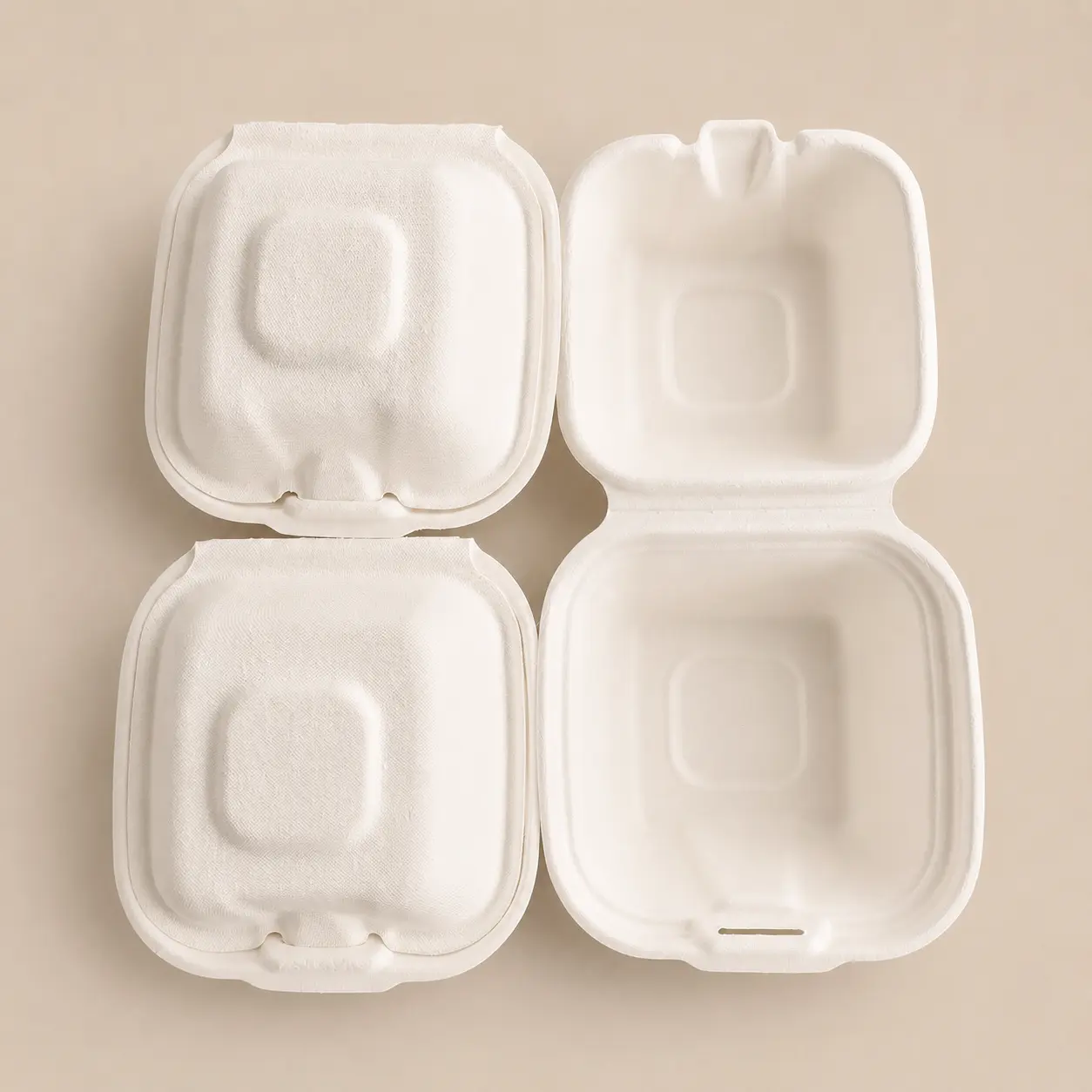 5-Inch Molded Pulp Burger Box Open and Closed View Open and closed view of 5-inch molded pulp burger box in molded pulp fiber