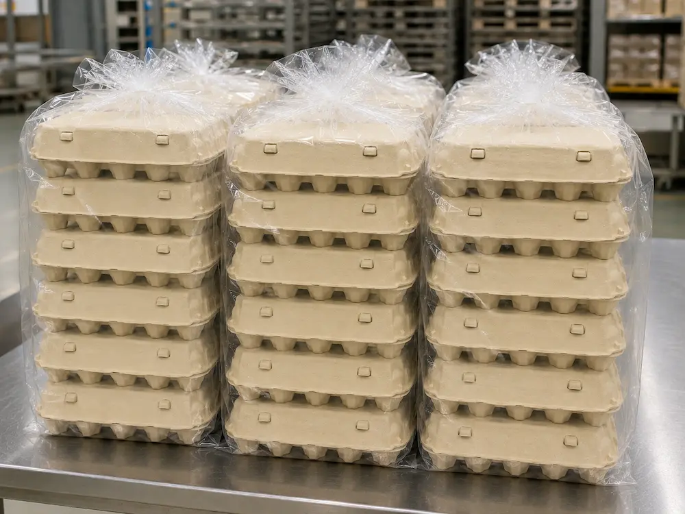 Stacked 15-count molded pulp egg cartons packed in thickened PE bags