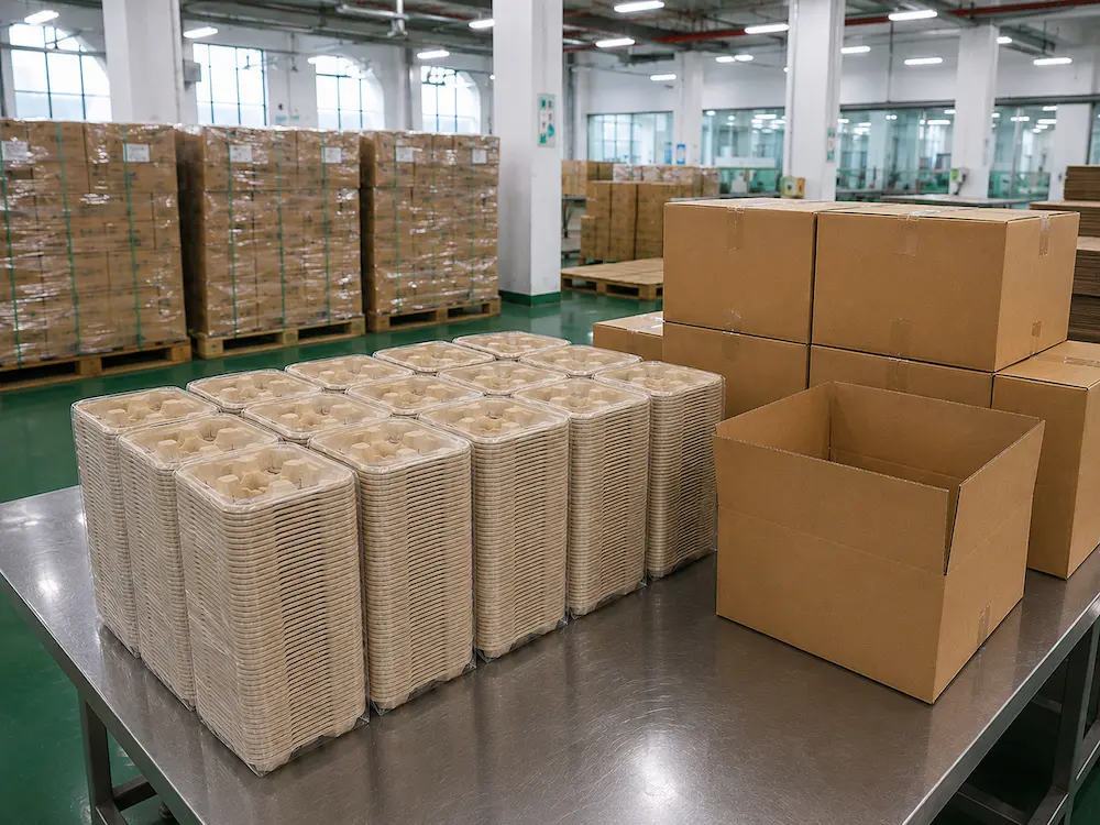 Multiple PE-bagged stacks of natural-color One-Piece 4-Cup Pulp Carriers arranged beside unprinted cartons on a factory packing table