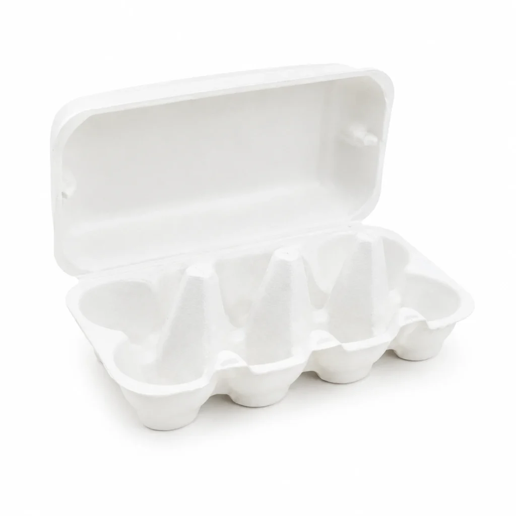 Open angled view of white 10-count molded pulp egg carton