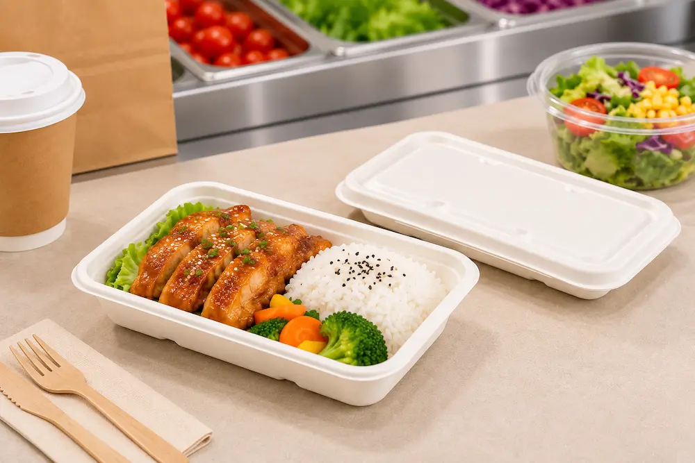 450ml molded pulp rectangular food container holding a compact takeaway meal