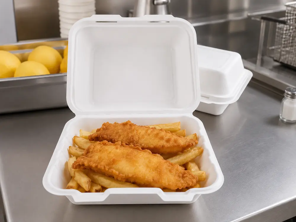 7.5 x 6-inch molded pulp clamshell holding fried fish and chips at a takeaway preparation counter