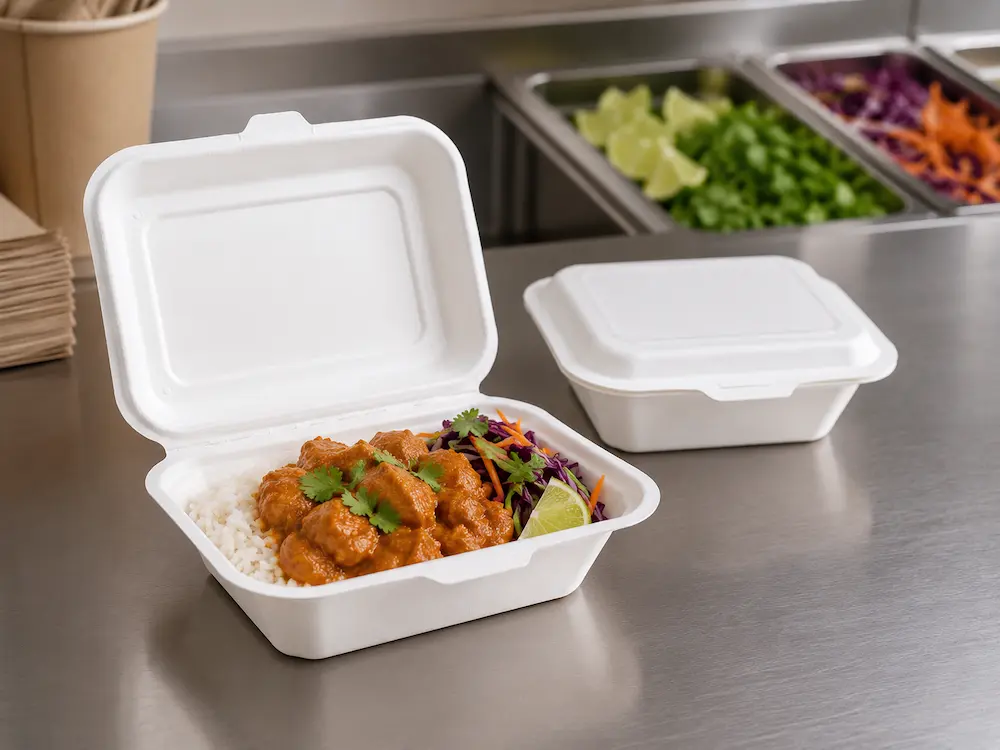 7x5 molded pulp food clamshell used for curry rice and salad takeaway meal on a stainless steel counter