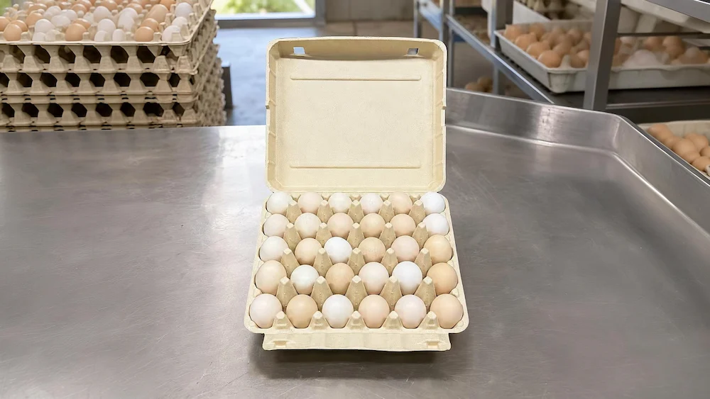 30-count molded pulp egg carton holding thirty eggs at an egg packing station