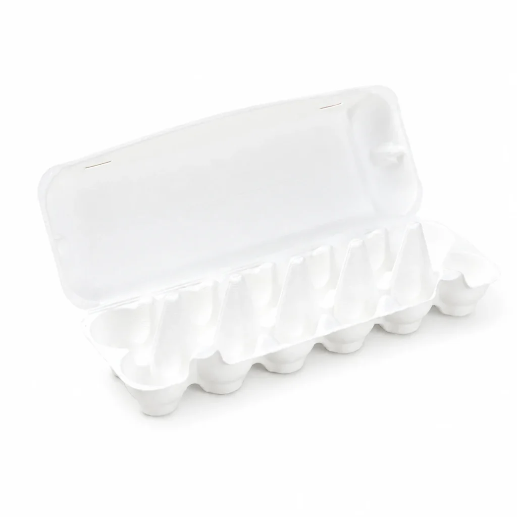 Open angled view of white 12-count molded pulp egg carton