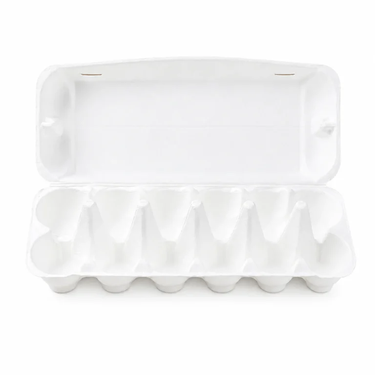 Open front view of white 12-count molded pulp egg carton