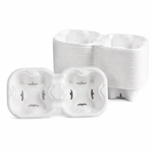 White tearable 2-cup molded pulp drink carriers stacked for bulk supply