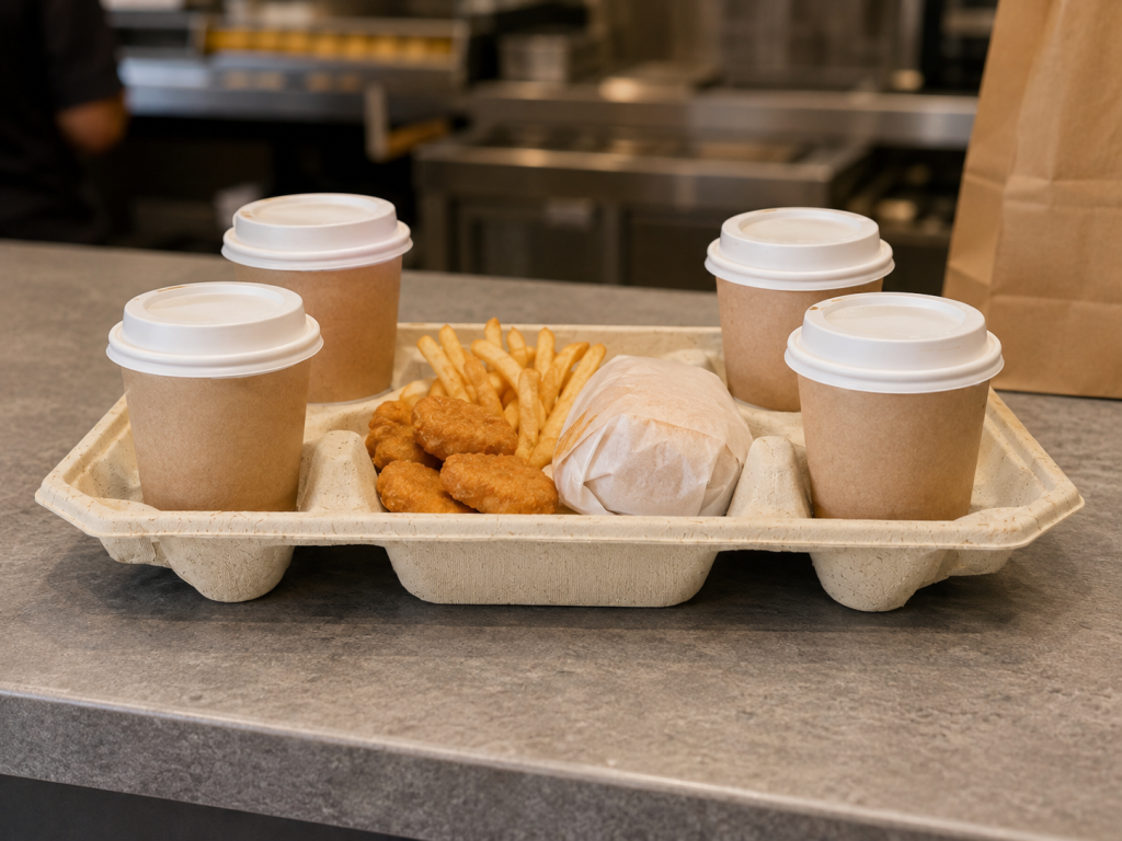 Natural-color 4-Cup Molded Pulp Cup Carrier with Food Tray holding four takeaway drink cups, fries, chicken bites, and a wrapped sandwich