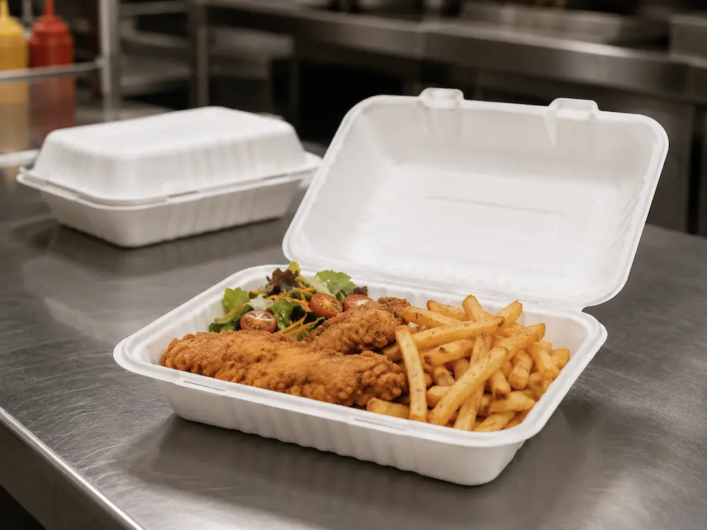 9 x 6 x 3-inch molded pulp food clamshell holding fried chicken, fries and salad