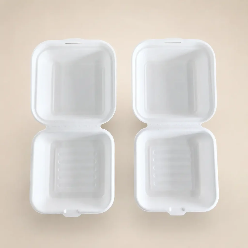 Open top view of 6-inch molded pulp burger box in molded pulp fiber