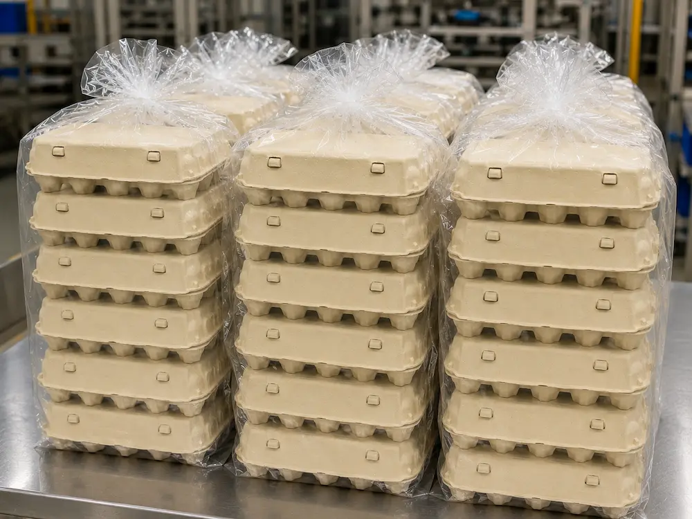Stacked 30-count molded pulp egg cartons packed in thickened transparent PE bags