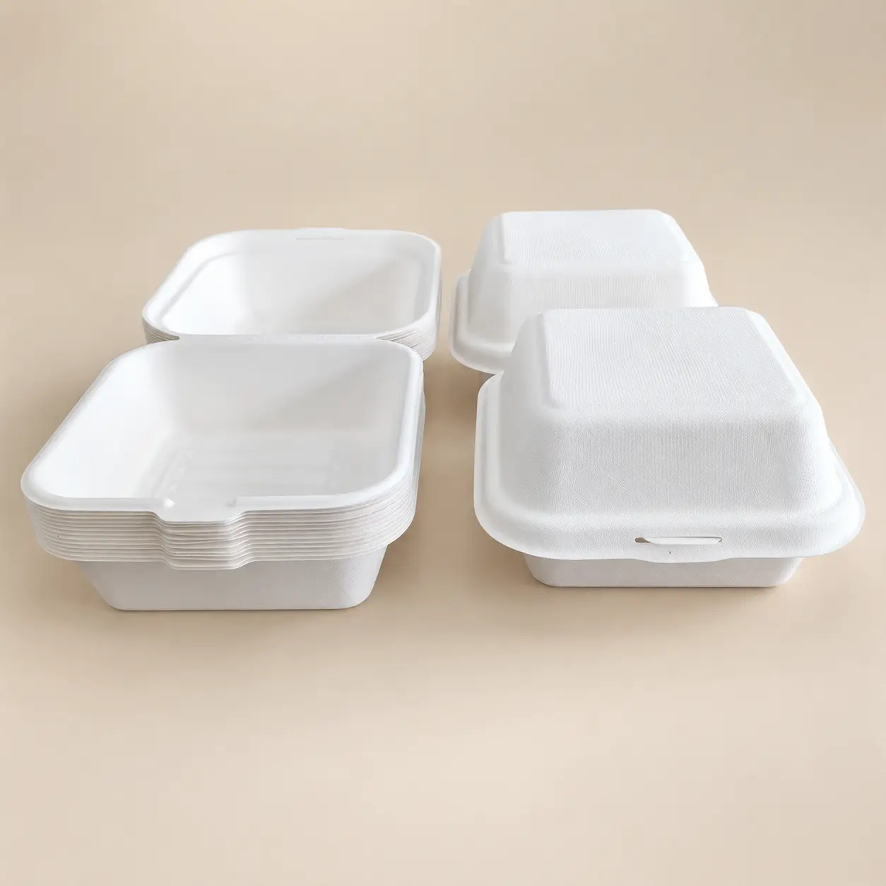 6-Inch Molded Pulp Burger Box Product Display Product display of 6-inch molded pulp burger box showing open and closed clamshell design