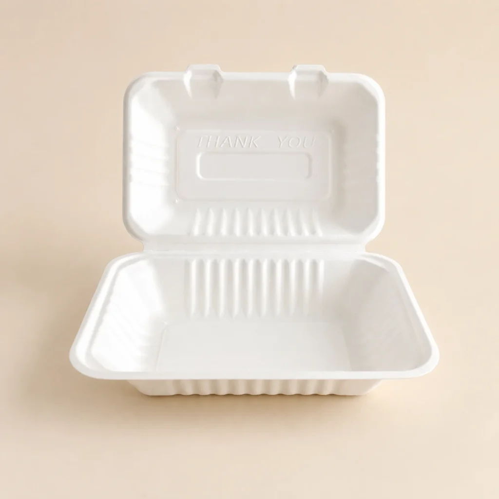 Open front view of 9 x 6 x 3-inch molded pulp food clamshell