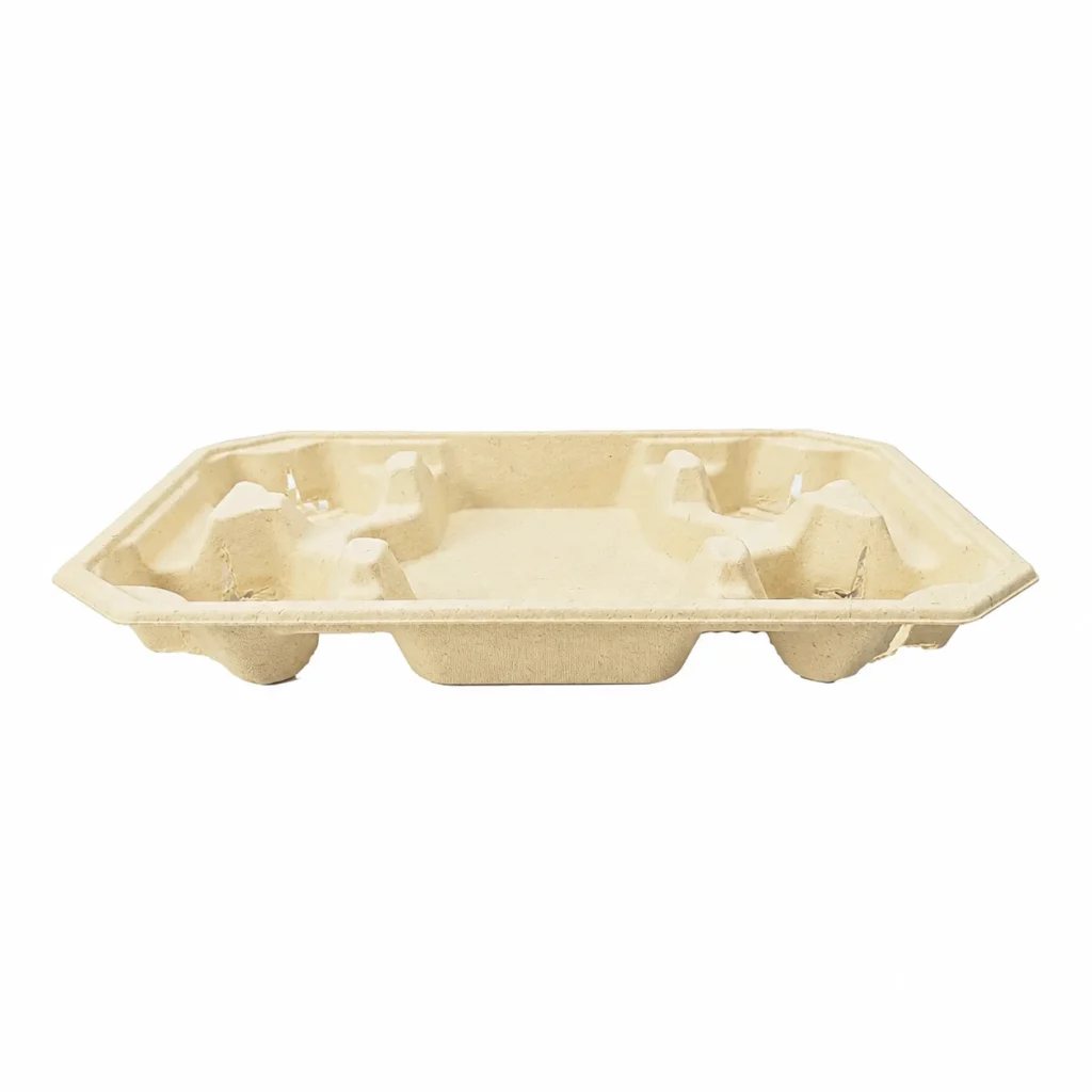 Side view of 4-cup molded pulp carrier with food tray