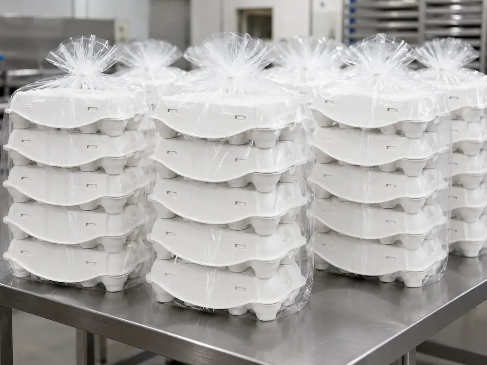 stacked white 10-count molded pulp egg cartons packed in thickened transparent PE bags