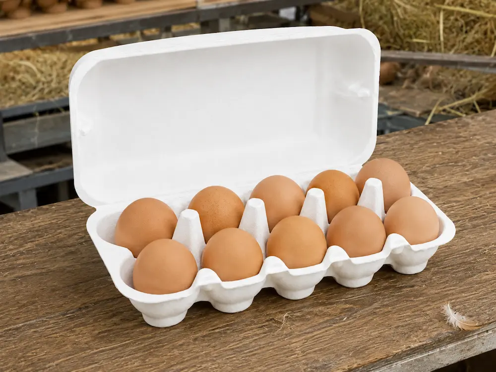 white 10-count molded pulp egg carton holding ten eggs at an egg packing station