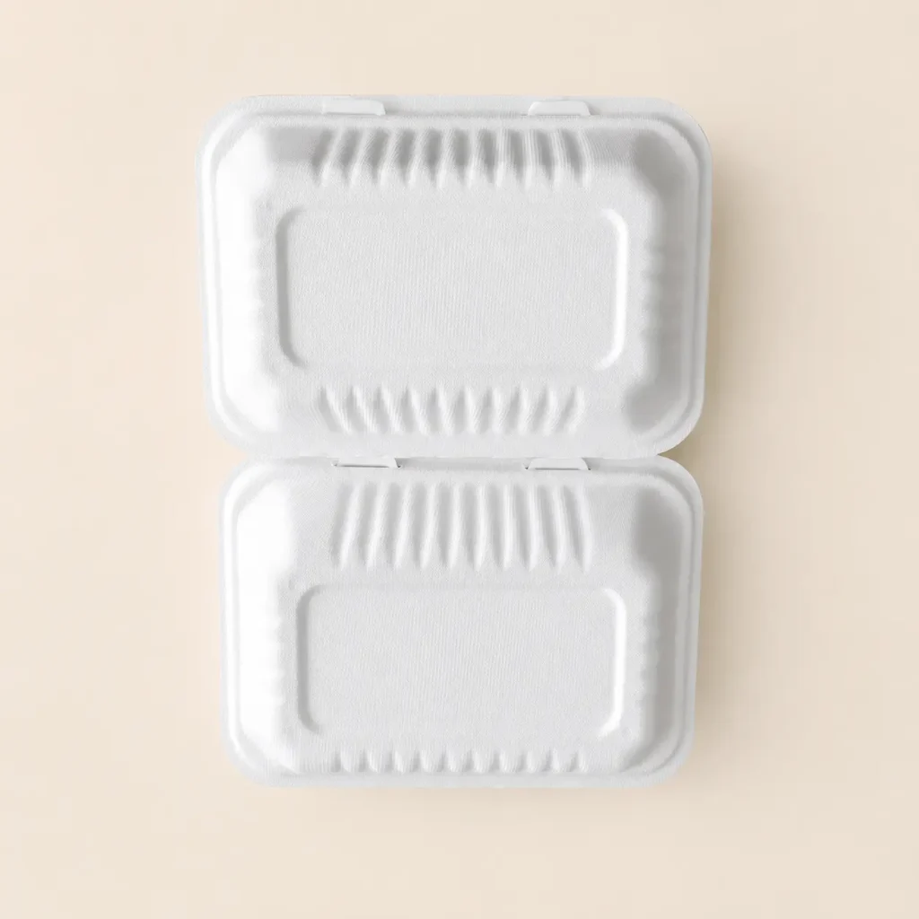 Outer surface of 9 x 6 x 3-inch molded pulp food clamshell