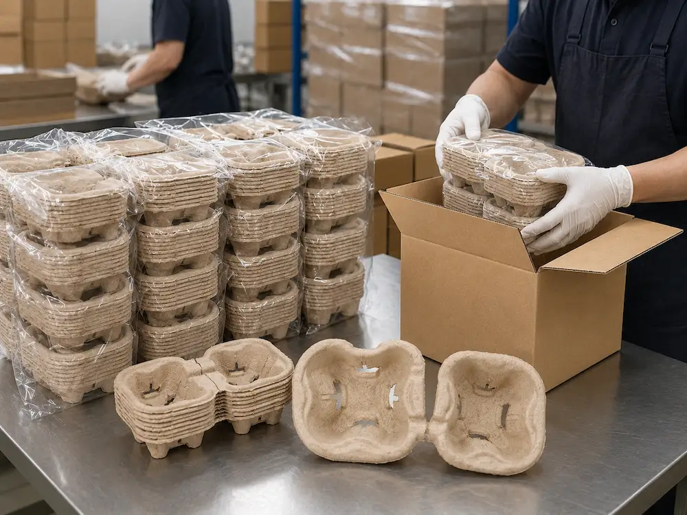 Tearable 2-cup pulp carrier packed in PE bags and export cartons