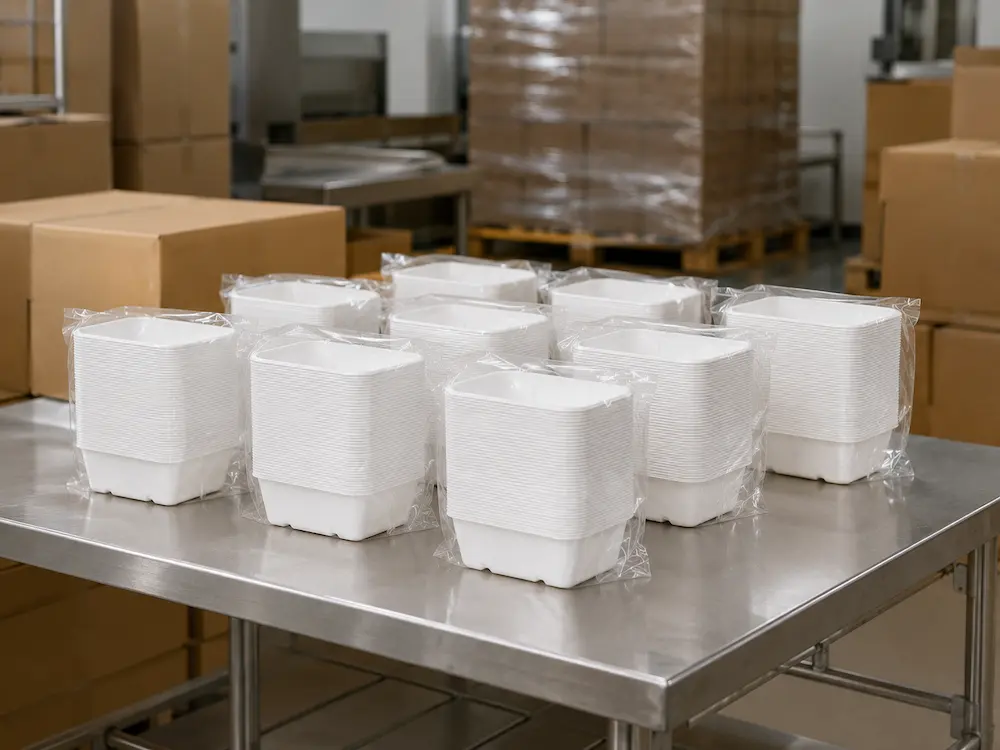 1000ml molded pulp rectangular food container stacks packed in transparent PE bags for factory export shipment