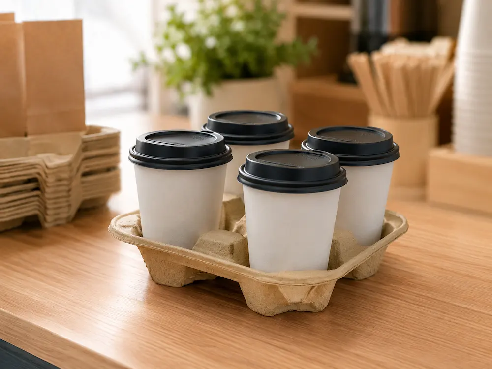 One-Piece 4-Cup molded pulp drink carrier used for takeaway cups in a café scene