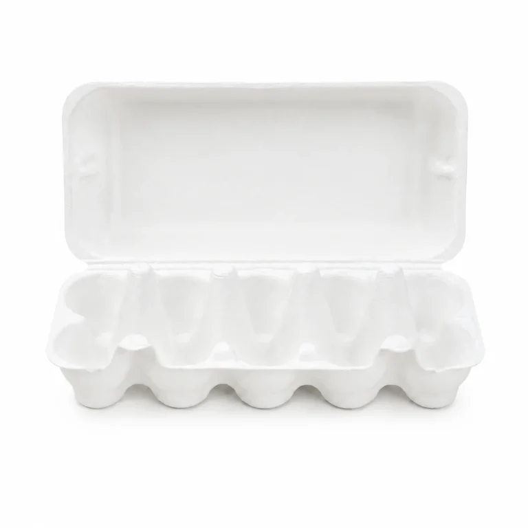 Open front view of white 10-count molded pulp egg carton