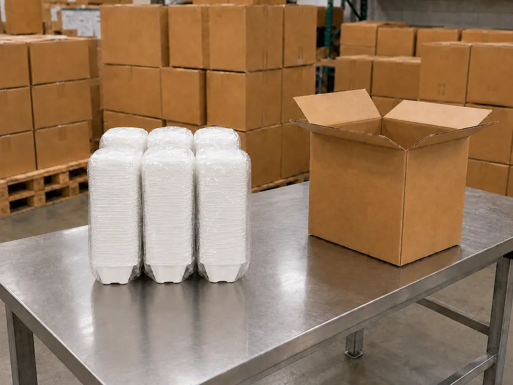 Six PE-bagged stacks of White Premium Tearable 2-Cup Molded Pulp Drink Carriers on a stainless steel table beside an unprinted carton