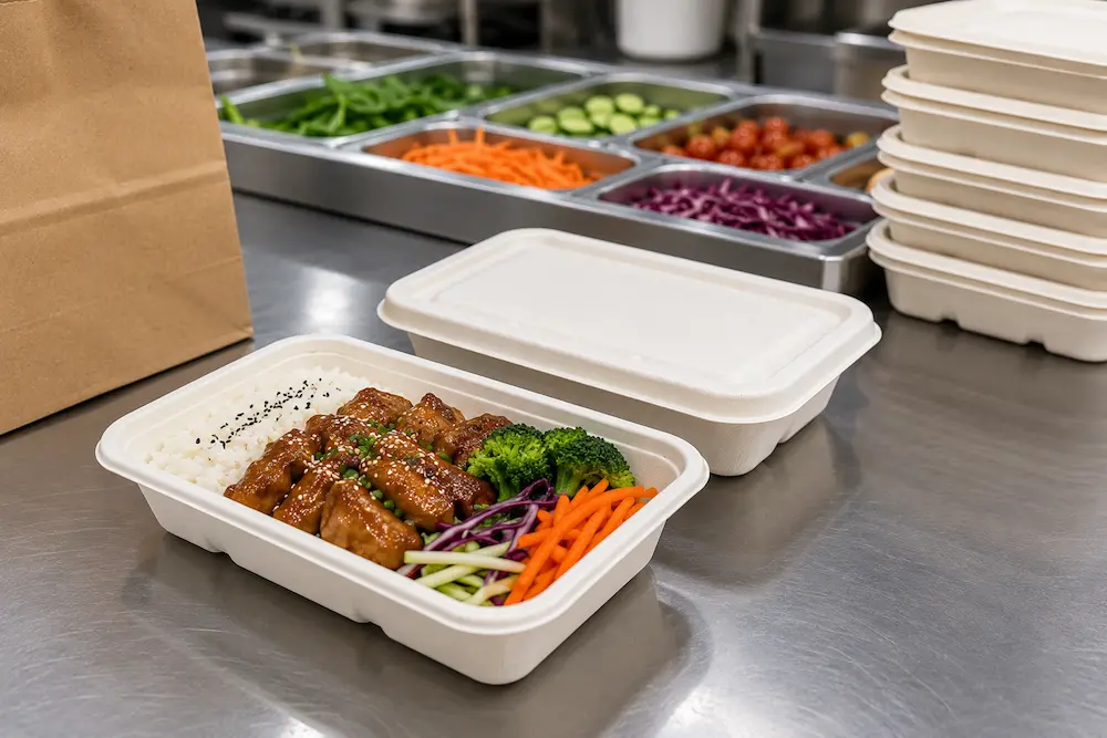 550ml molded pulp rectangular food container holding rice, chicken, and vegetables in a takeaway food service scene
