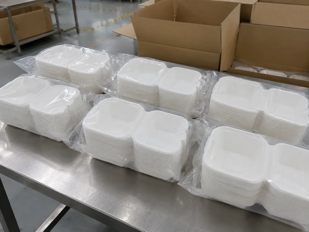 5-inch molded pulp burger box stacked with PE bag packaging for bulk supply