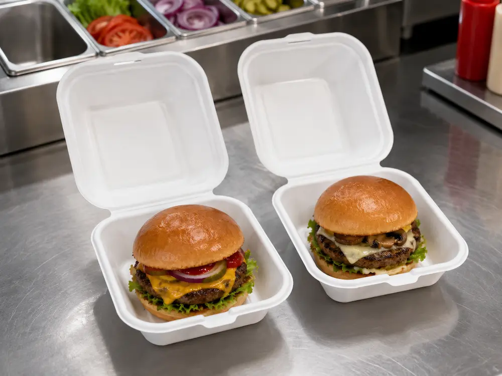 two 6-inch molded pulp burger boxes holding burgers at a restaurant preparation counter
