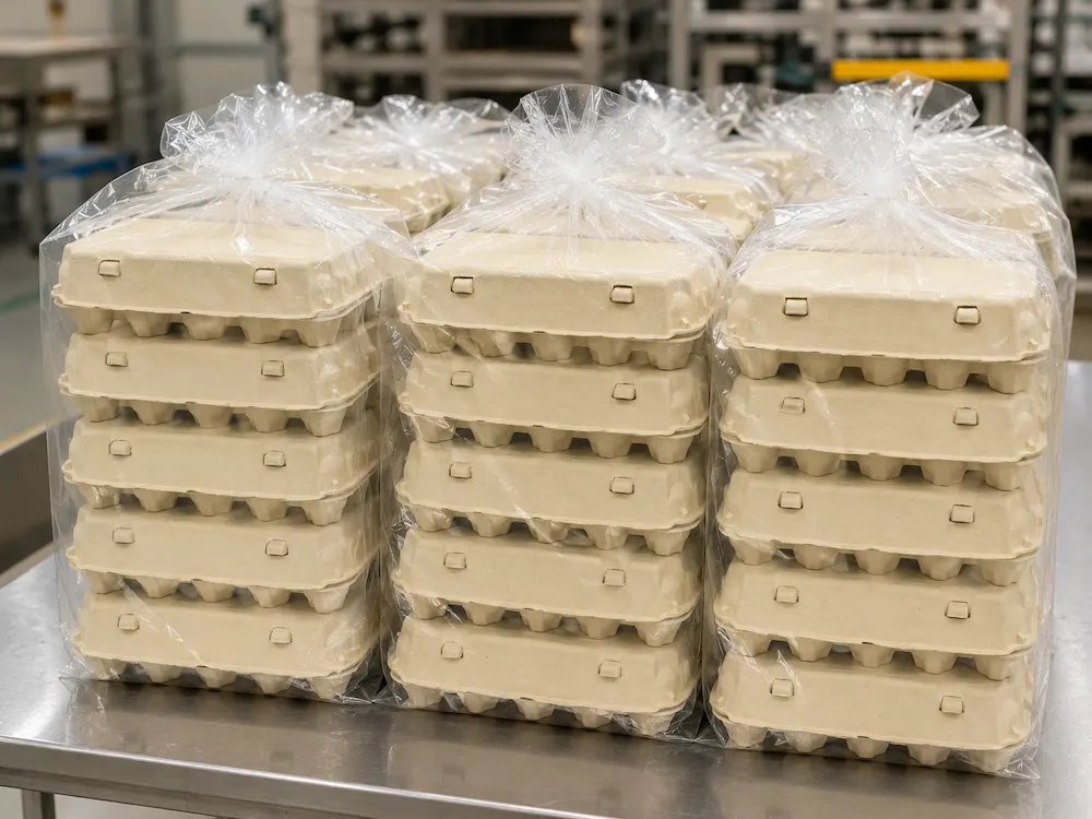 Stacked 10-count molded pulp egg cartons packed in thickened PE bags