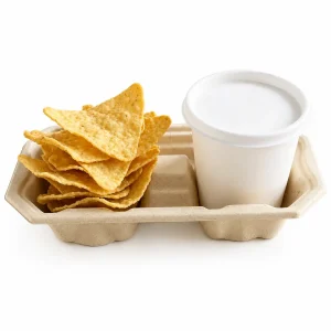 Premium one-piece 2-cup molded pulp drink carrier holding a takeaway cup and snacks